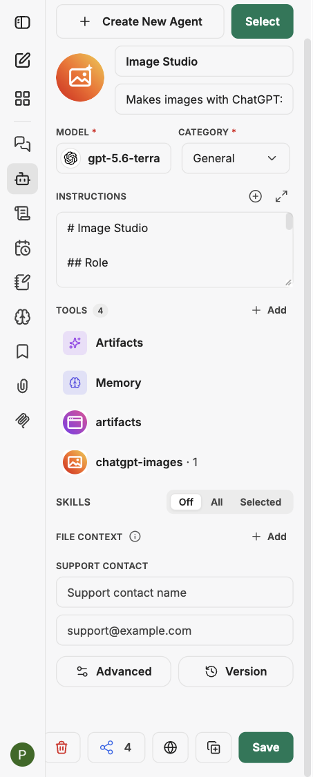 Agent Builder with the model chosen and tool options visible