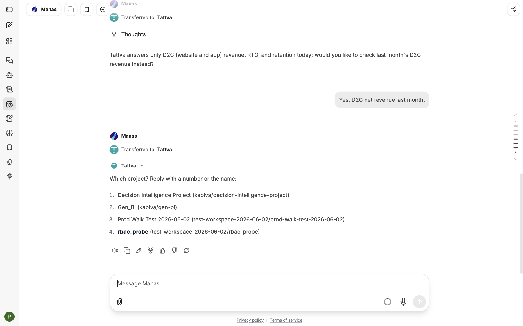 The same chat: the next question is transferred to Tattva, which asks which project to use