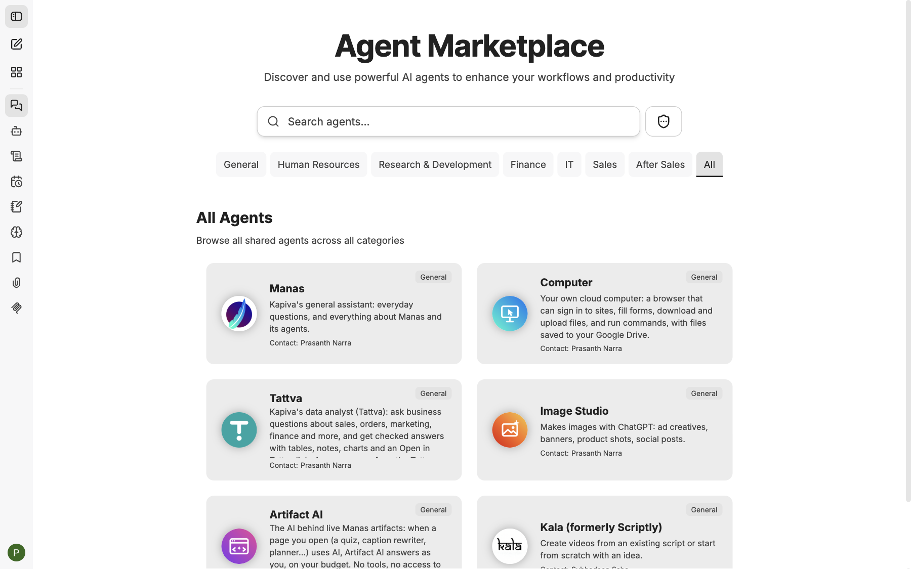 The Agent Marketplace with the built-in agents