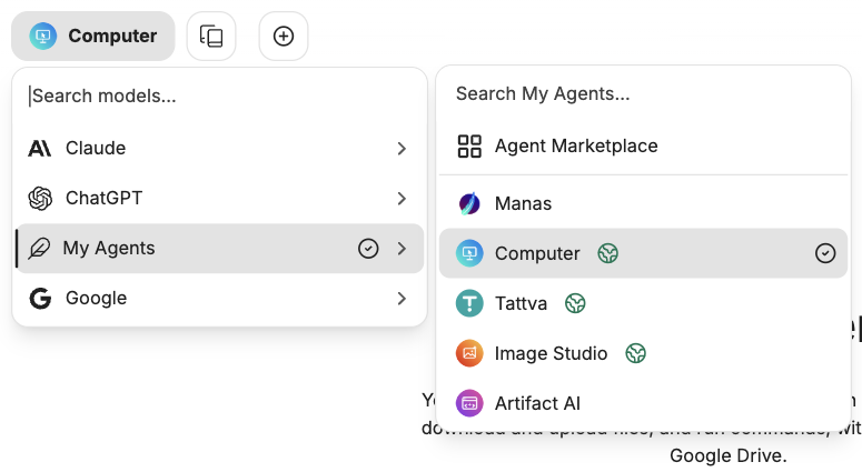 The Select a model menu with the Agents group open