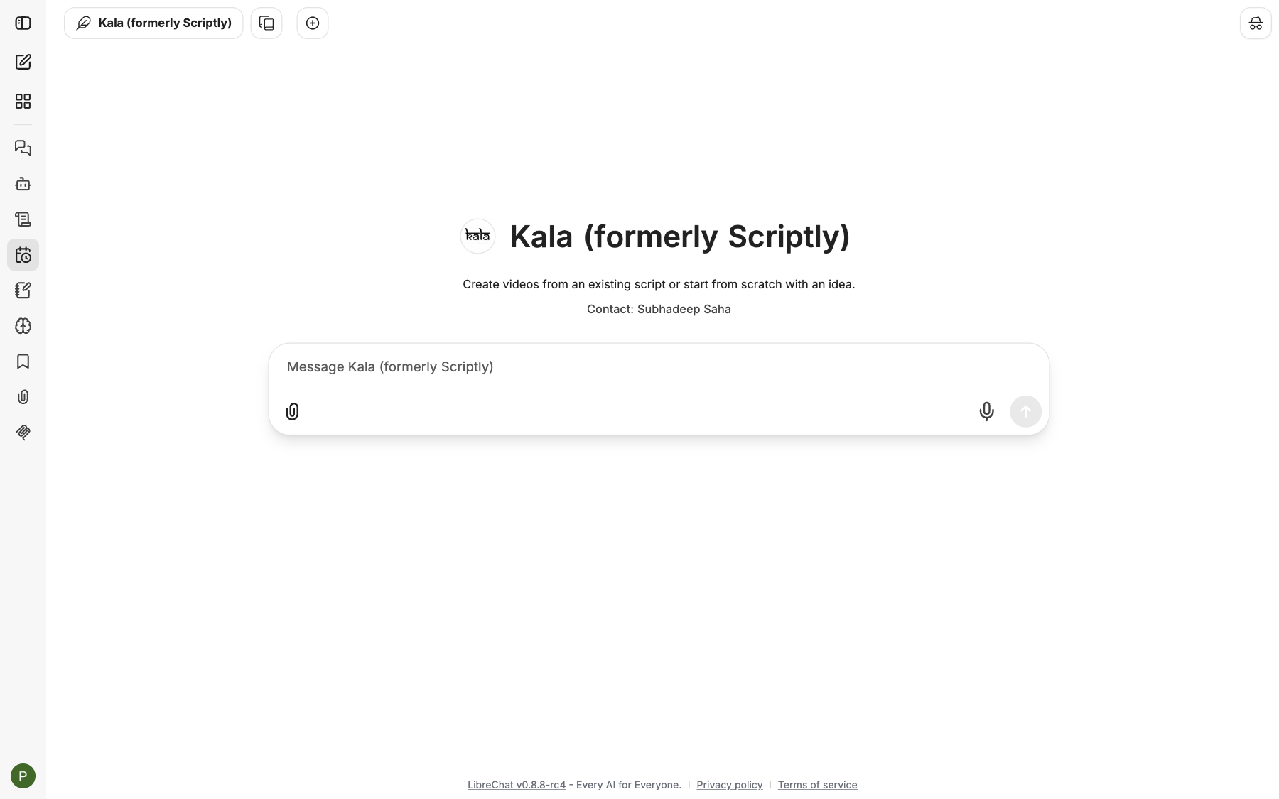 Kala's start screen with its picture, name, description and contact