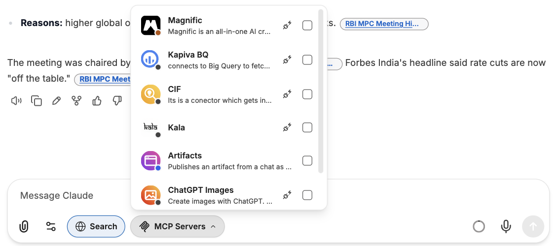 The MCP menu under the message box with ChatGPT Images switched on in a ChatGPT chat