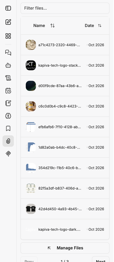 The Attach Files panel in the side panel, listing uploaded files