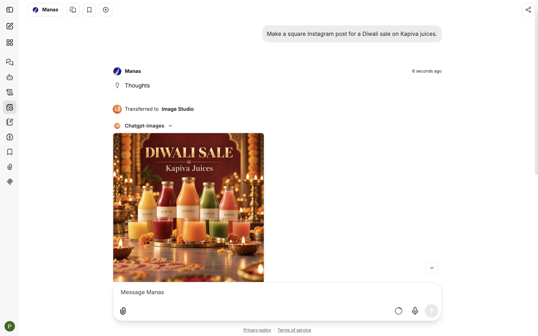A chat with the Image Studio agent showing a generated square social post image under the reply