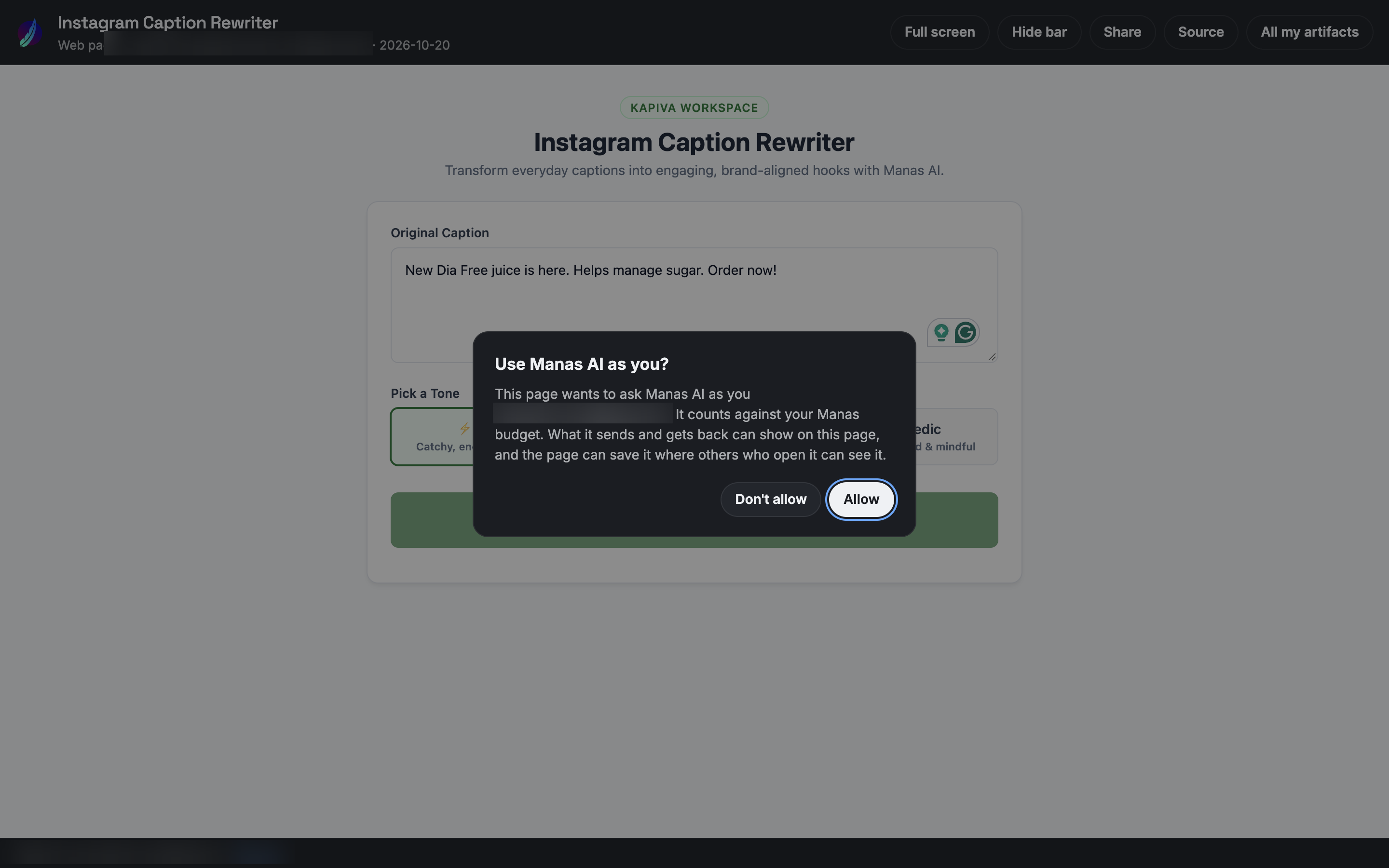 A live artifact page showing the Use Manas AI as you? dialog with Don't allow and Allow
