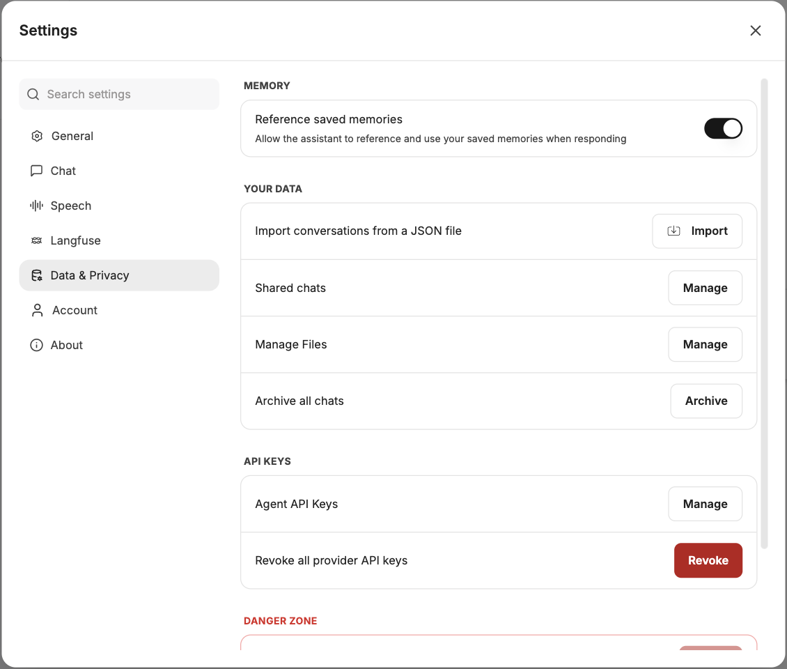 The Settings dialog showing the memory switch