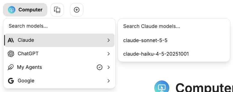Select a model open with the Claude row expanded, showing claude-sonnet-5-5 and claude-haiku-4-5-20251001