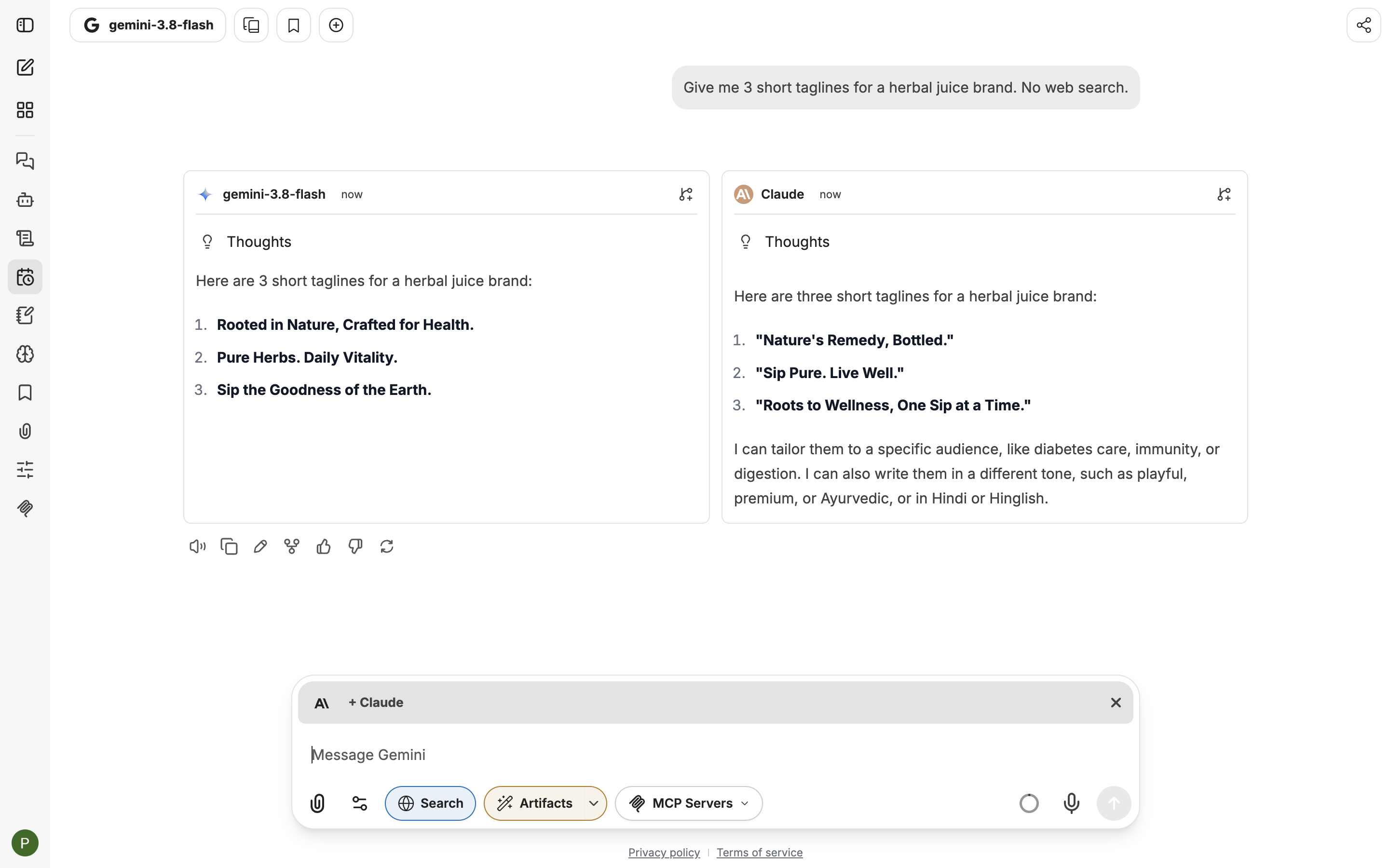 Two answers side by side from two different models after Add multi-conversation
