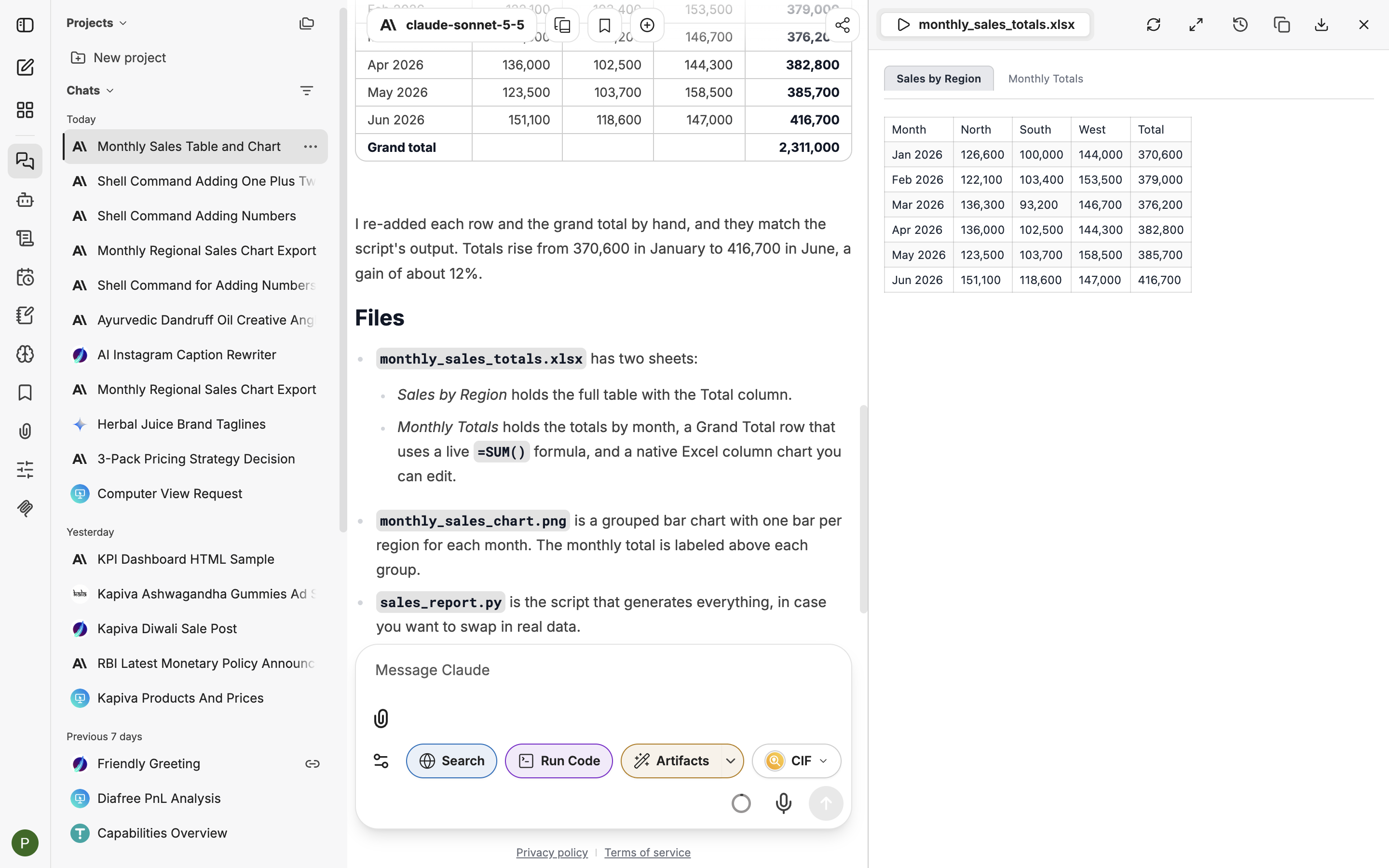 An answer with Run Code: the code block collapsed, a bar chart and a download link for the file it made