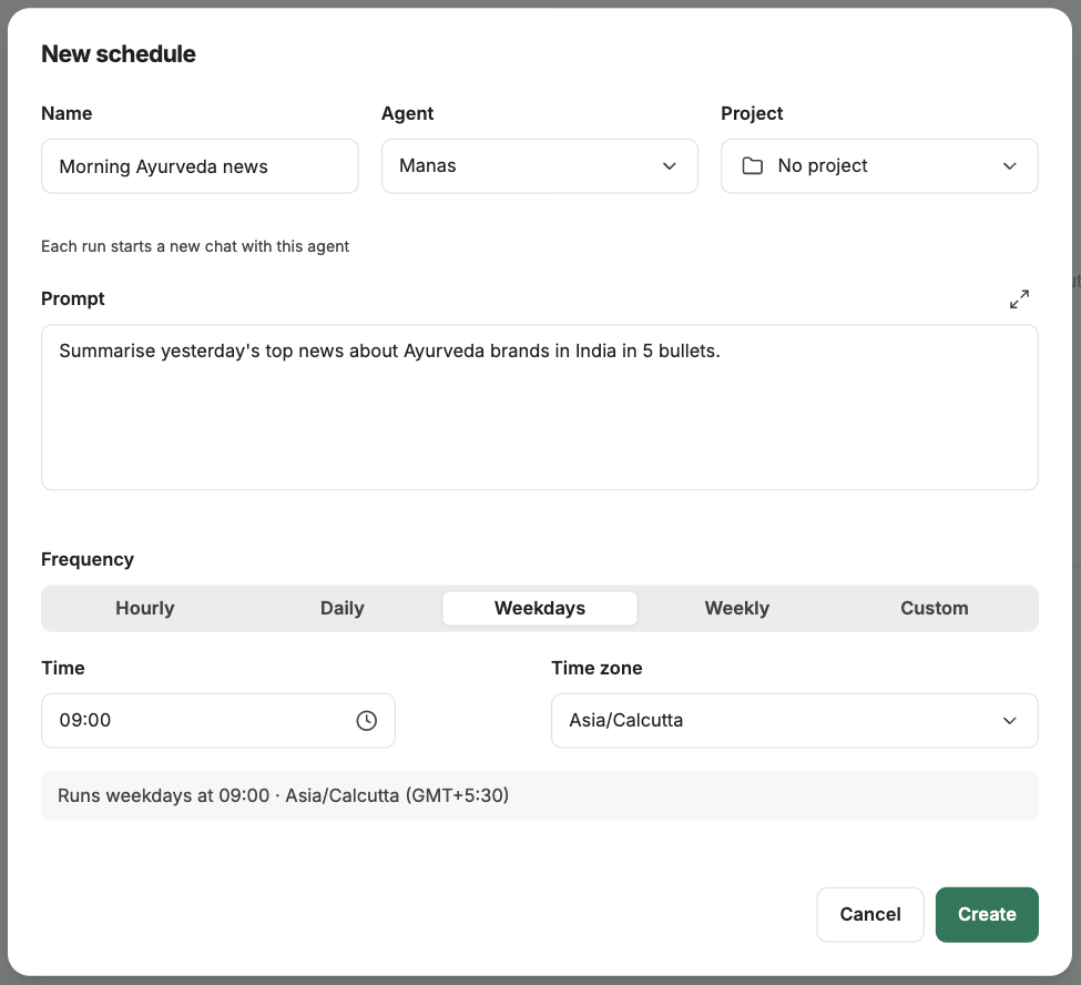 The New schedule form with Name, Agent, Project, Prompt, Frequency, Time and Time zone filled in