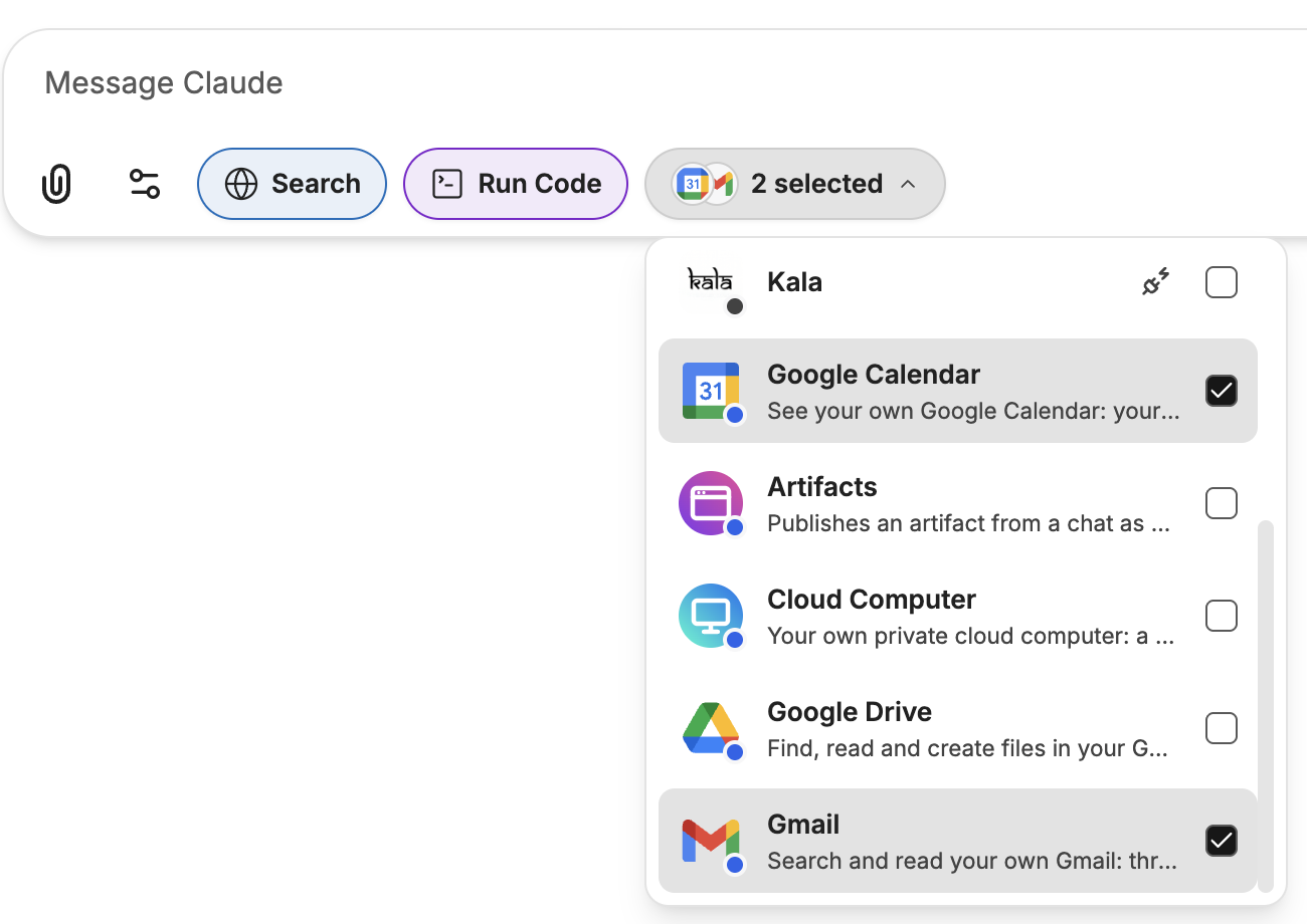 The tools list under the message box, open, with Google Drive among the tools you can tick