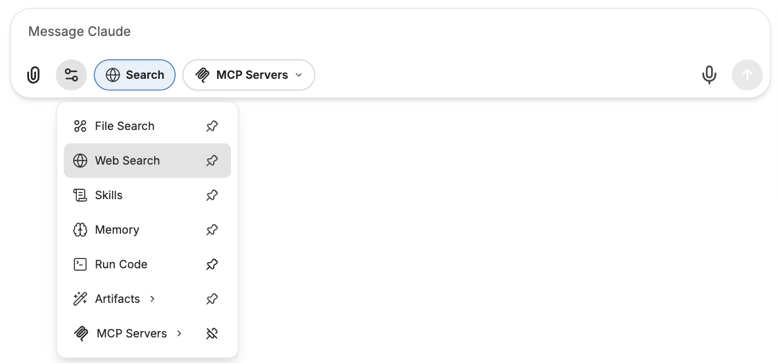 The Tools menu open with the Web Search switch turned on