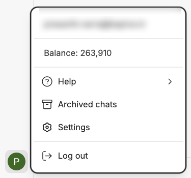 The account menu open, showing email, Balance, Help, Archived chats, Settings and Log out