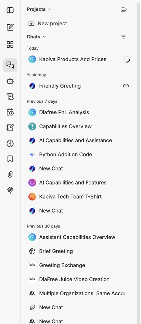 The Chat History panel with Projects at the top and chats grouped by date