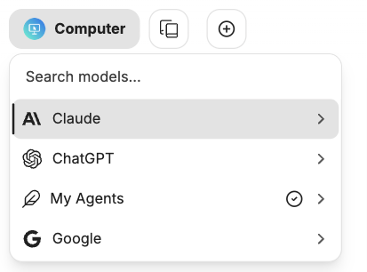 The Select a model menu open, showing the Claude, ChatGPT, Google and Agents rows