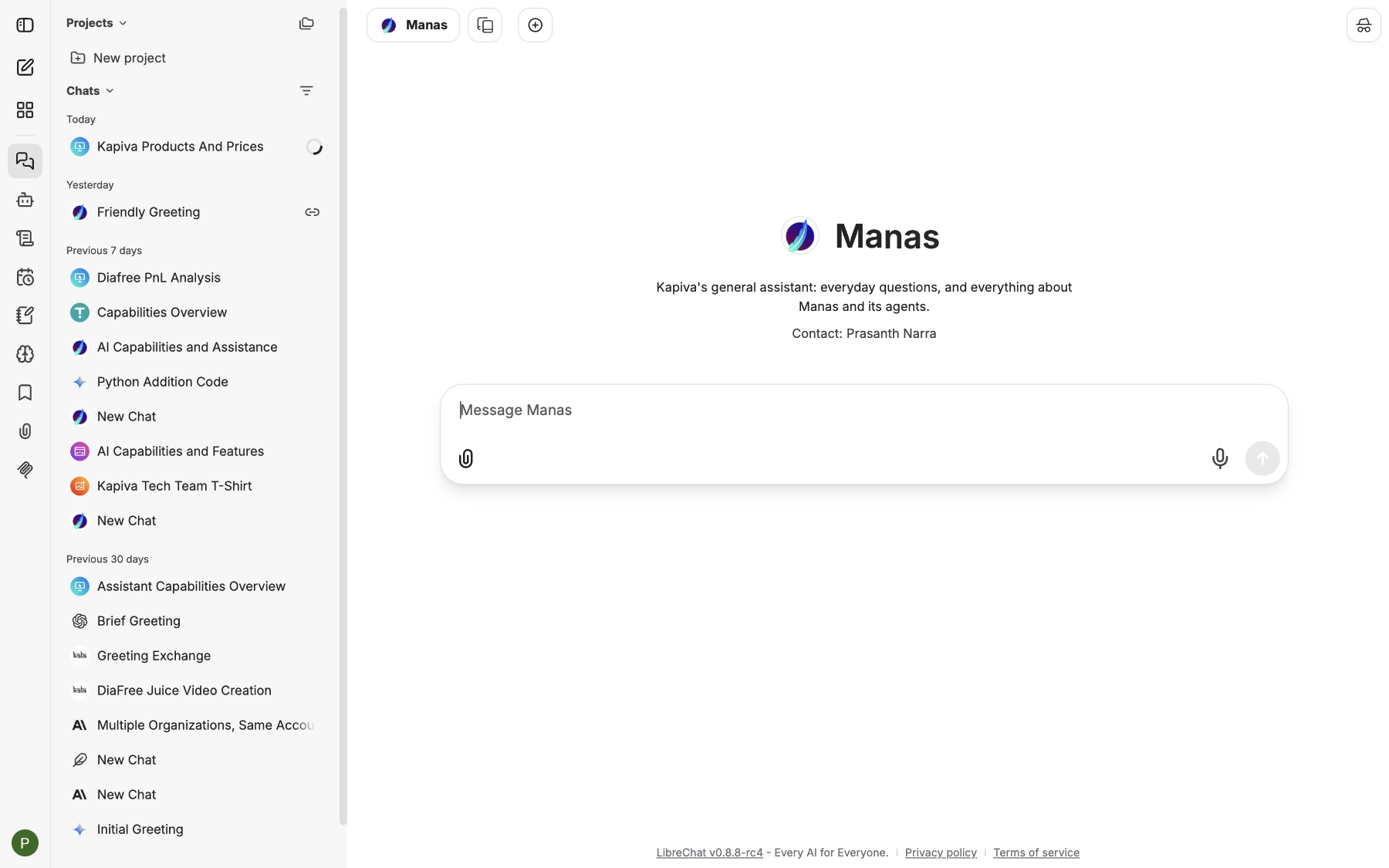 The Manas screen with the icon rail and Chat History panel on the left and an empty new chat on the right