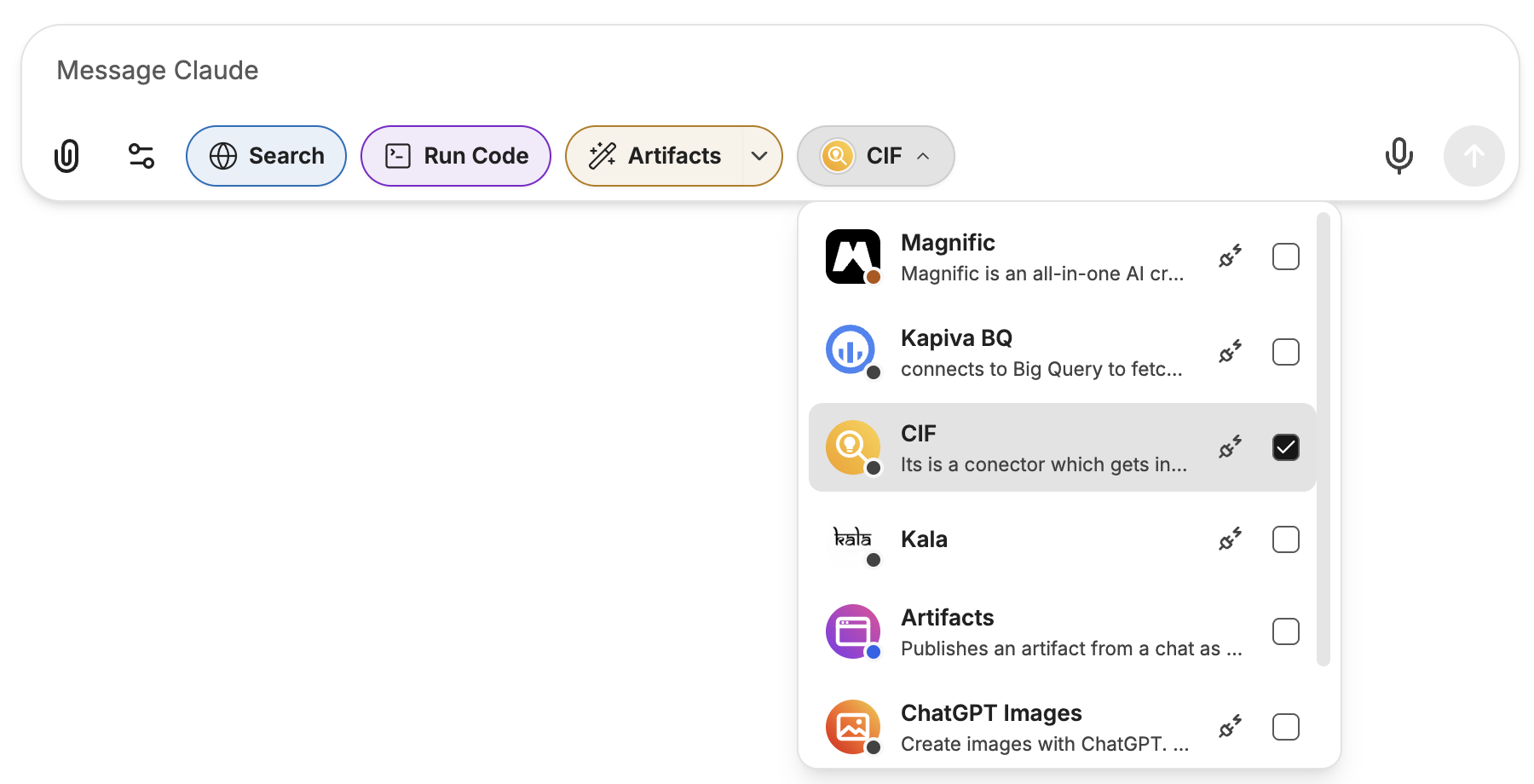 The CIF tools switched on under the message box in a Manas chat