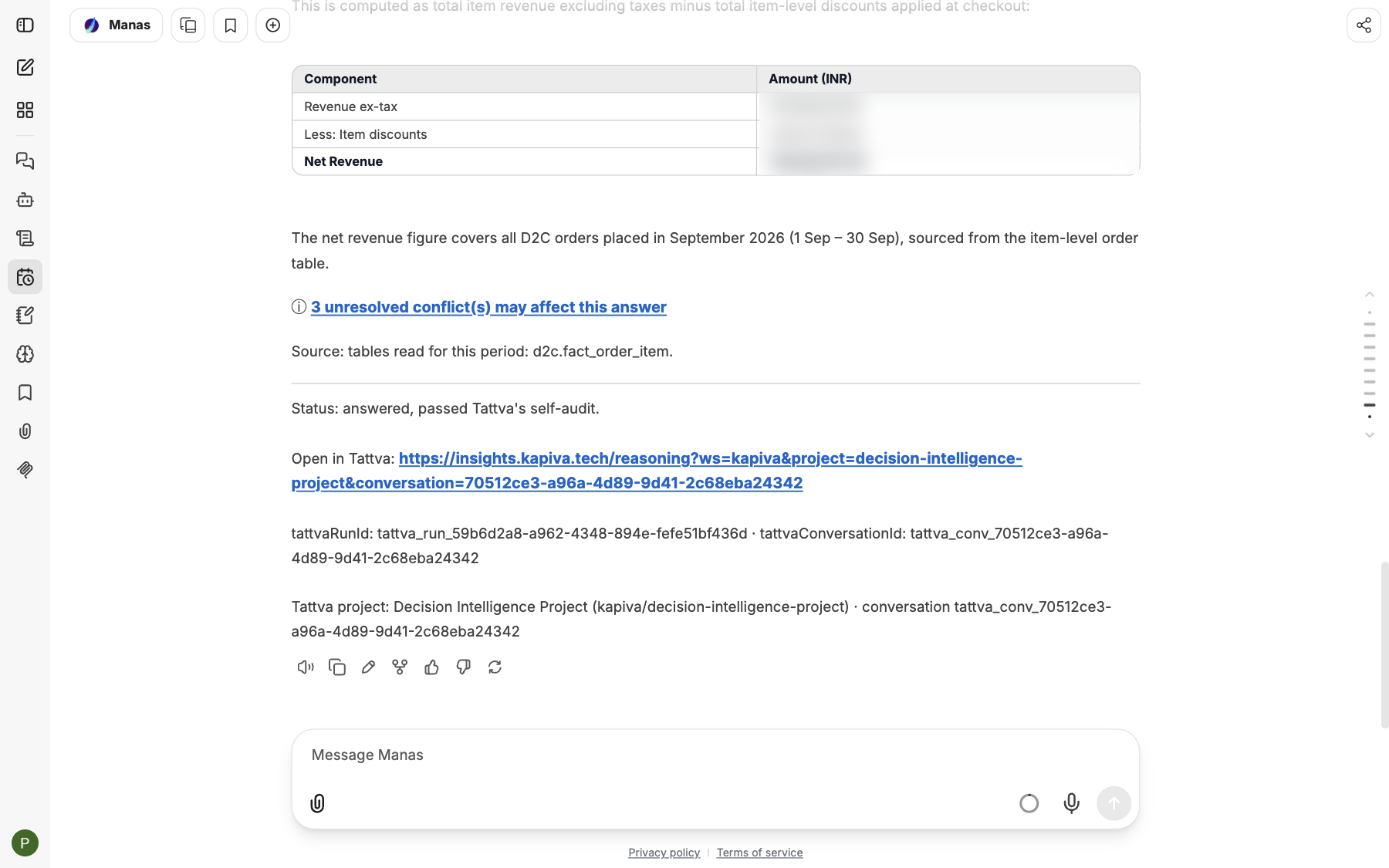 The end of a Tattva answer: notes, the source, the self-audit status, the Open in Tattva link and the project line
