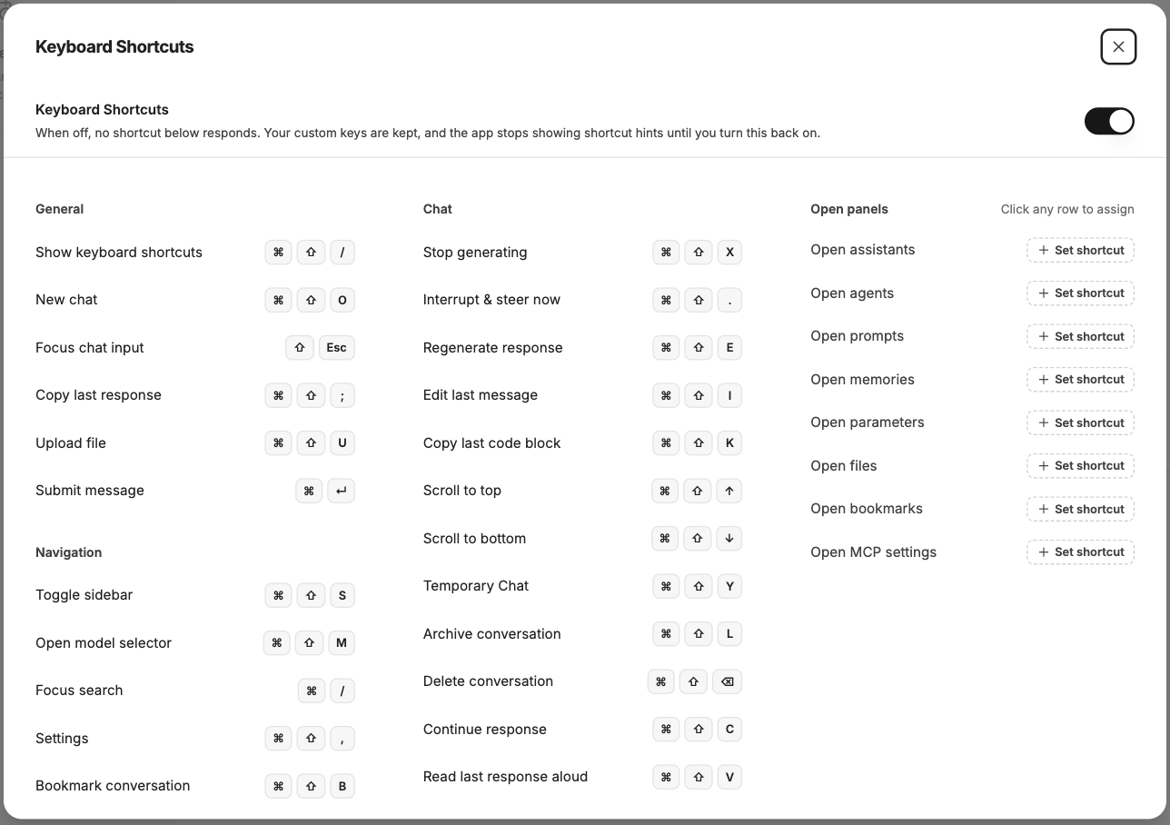 The Keyboard Shortcuts window in Manas