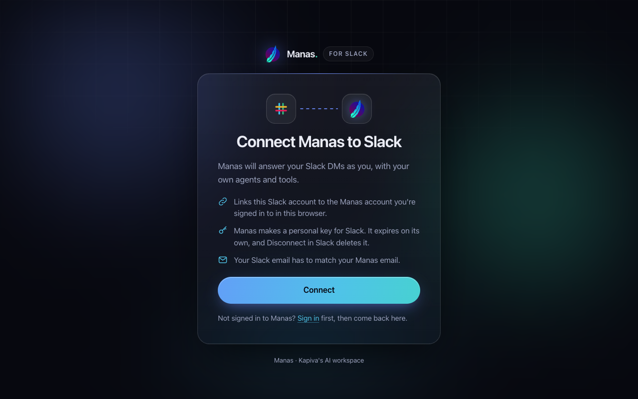The Connect Manas to Slack page