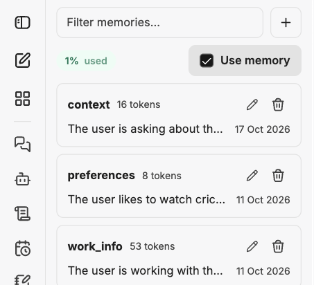 The Memories panel in Manas listing saved details
